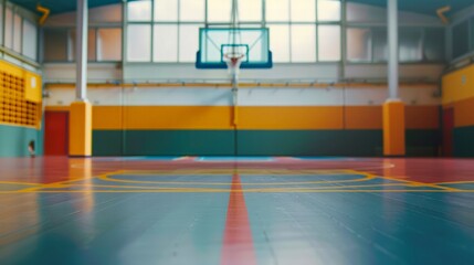 Dynamic basketball court with hoop in focus, vibrant colors, and ample copy space for energetic sports presentations.
