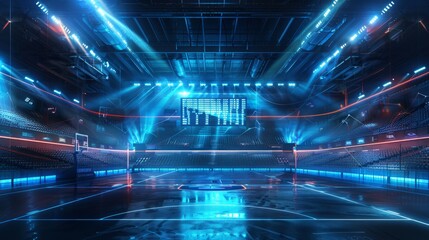 Futuristic sports arena background with digital scoreboard, glowing lines, and clean copy space for cutting-edge sports designs.