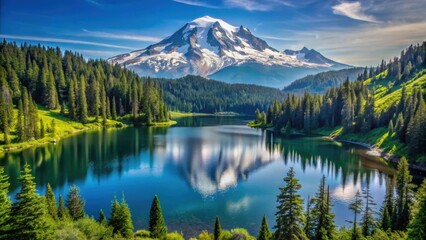 Obraz premium Mountain landscape with beautiful lake and view of Mount Seattle in Washington state, USA , mountains, nature