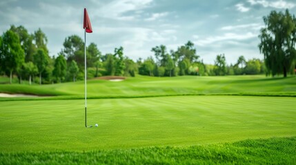 Obraz premium Professional golf course with smooth greens, a flag in the distance, and wide copy space for leisure and sports themes.