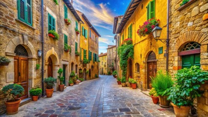 Fototapeta premium Vibrant street in Pienza featuring colorful buildings and cobblestone roads, Tuscany, Italy, colorful, street