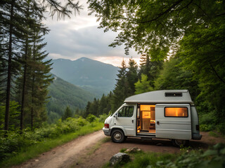 White camper van is parked on a dirt road with a lush green forest behind it.