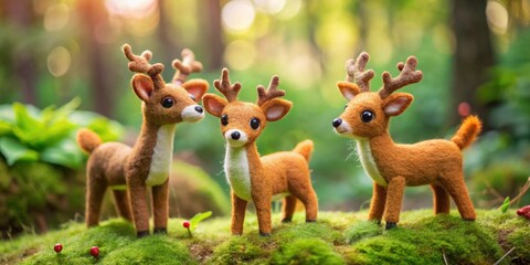 Naklejka premium Adorable felt deer figurines surrounded by colorful greenery, flowers, and nature elements , deer, felt, figurine