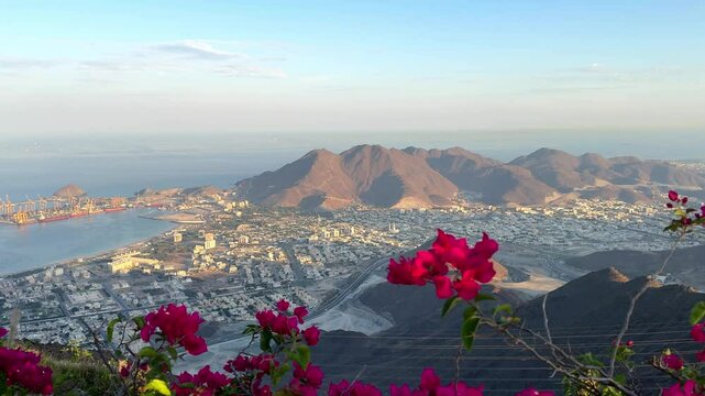 panoramic view of Khorfakkan from Al Suhub rest area lies 600 meters above sea level, Sharjah, UAE