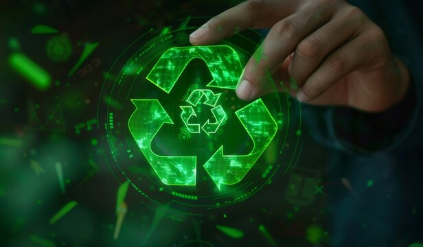 A detailed image captures someones hand engaging with a holographic recycling symbol, exemplifying technologys crucial role in boosting environmental consciousness and sustainability efforts