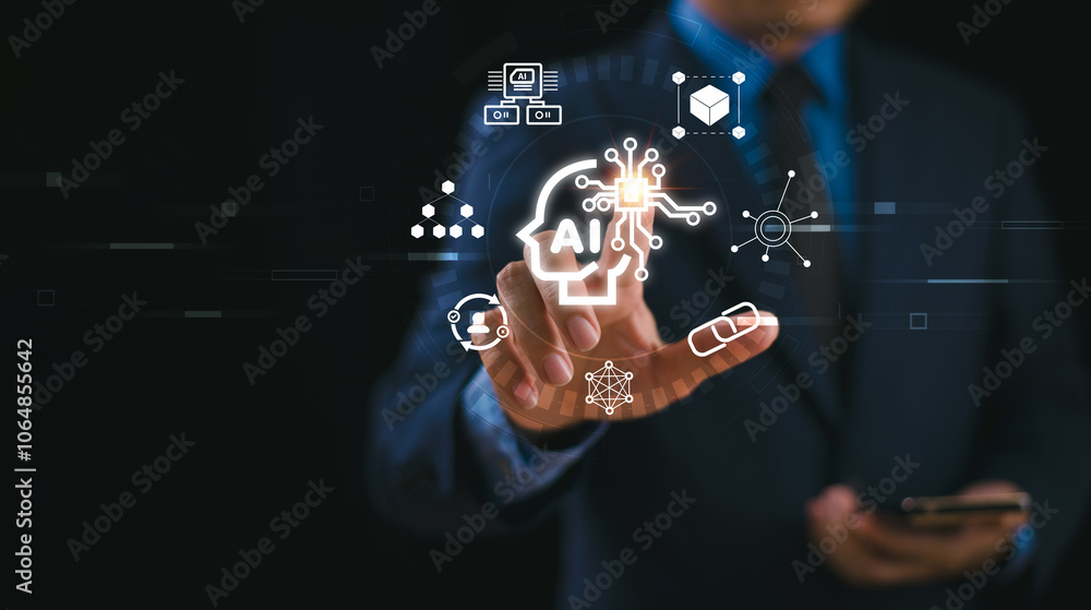 Aufkleber ai artificial intelligence on information virtual screen concept. man analyst big data technology, b