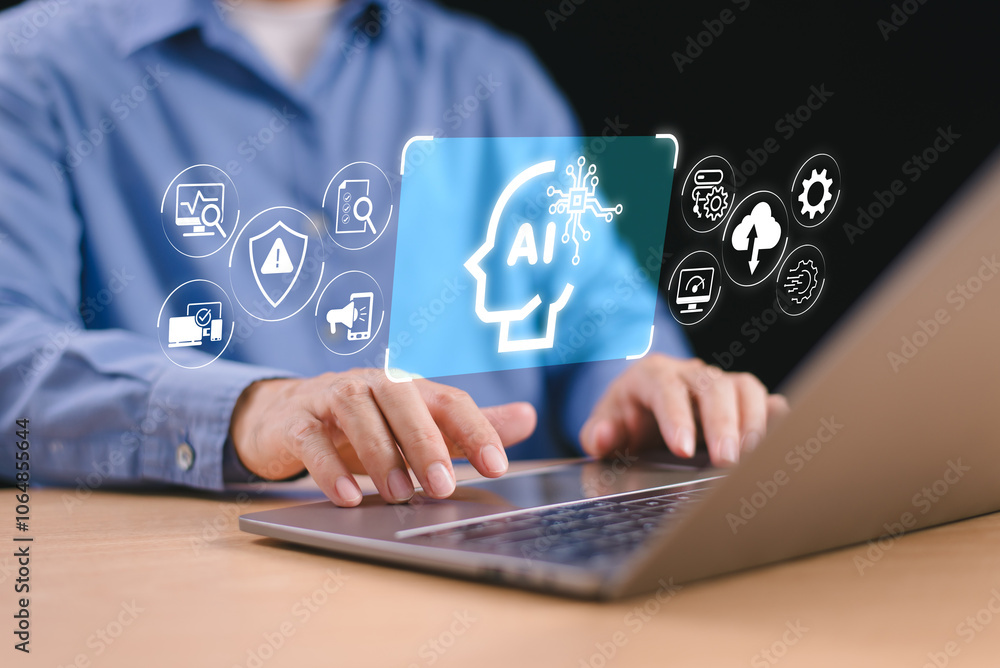 Poster ai artificial intelligence on information concept. man analyst big data technology on computer for b
