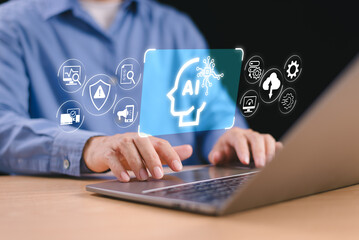 Naklejka premium Ai artificial intelligence on information concept. Man analyst big data technology on computer for business sale marketing analysis. Data management system, KPI database technology finance operation