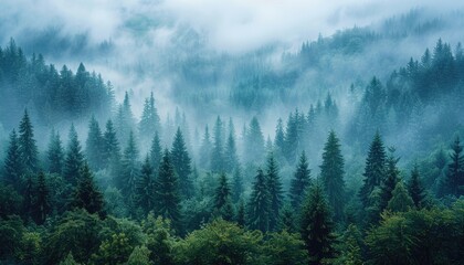 Misty Forest Landscape with Tall Evergreen Trees