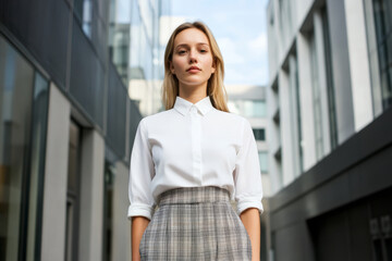 Fototapeta premium A young woman stands confidently in a tailored outfit, surrounded by modern architecture. The bright daylight accentuates her poised demeanor and the sleek urban environment.