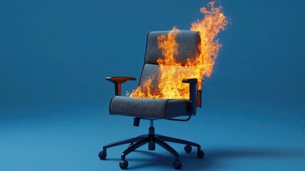 An office chair engulfed in flames, set against a stark blue background, representing intense stress or pressure in a minimalist, surreal scene