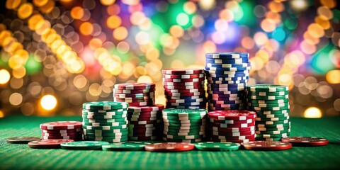 Obraz premium Casino gambling chips on green table with bokeh background , casino, gambling, chips, green table, bokeh, playing, risk, chance