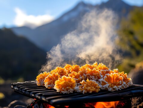 Handmade Tajik kurut cheese balls drying in the sun, with a mountain backdrop, symbolizing traditional food preservation, cheese, sustainable food