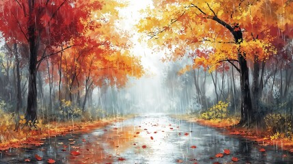 Autumn park on a rainy day