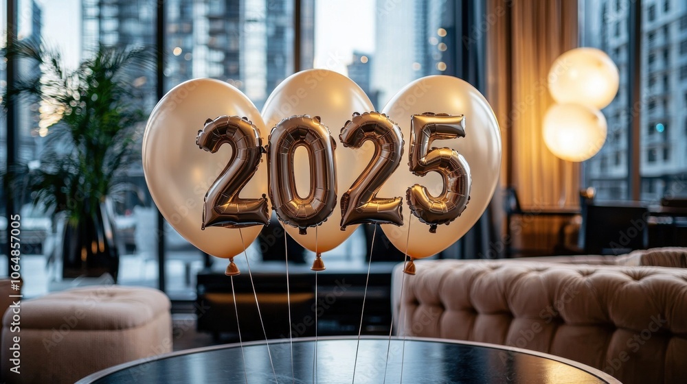 Poster a table with three balloons that spell out the number twenty-five