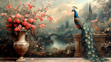 Timeless elegance backdrop, vintage roman mural wallpaper in a botanical landscape.