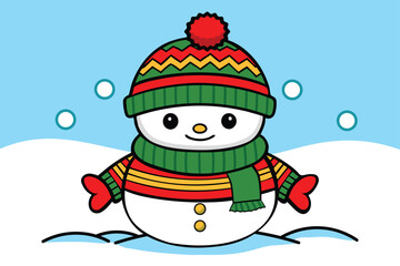 Adorable Knitted Snowman on White Snow with Blue Background