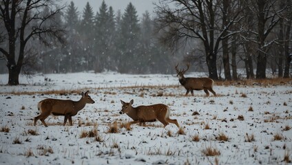 Several deer are in a snowy field, with trees in the background. Snow is falling.

