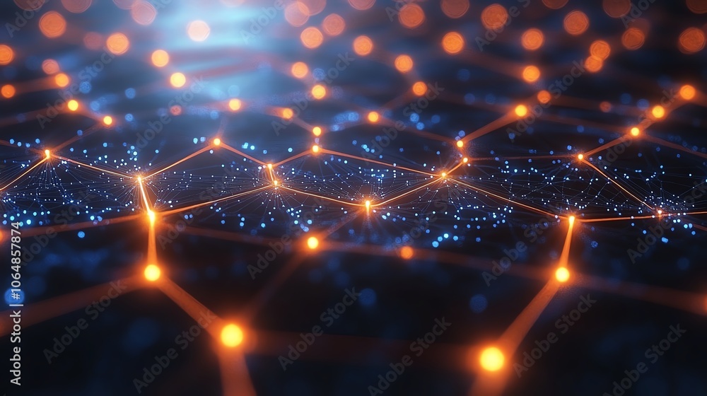 Poster abstract network with glowing nodes and lines, dark background, digital concept.