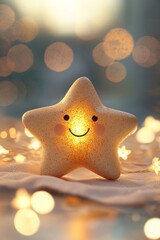 Cute, smiling star-shaped toy on a blurred background with bokeh lights.