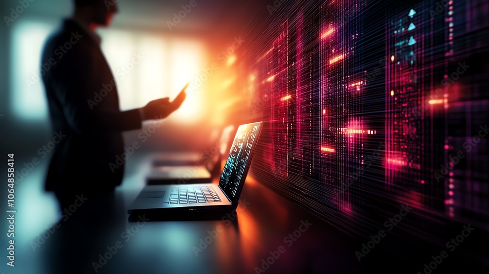 Poster business professional interacting with data displayed on laptops in digital workspace.