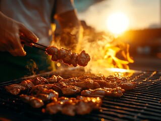 Korean street vendor grilling skewers of marinated meat over an open flame, Korean meat skewers, authentic Asian hidden gem food