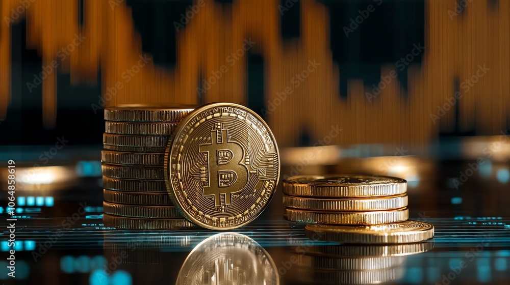 Poster close-up of bitcoin coins on a reflective surface with charts in background.