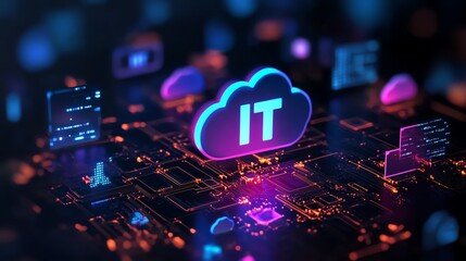 Obraz premium Cloud computing concept with IT symbols floating on a digital interface.