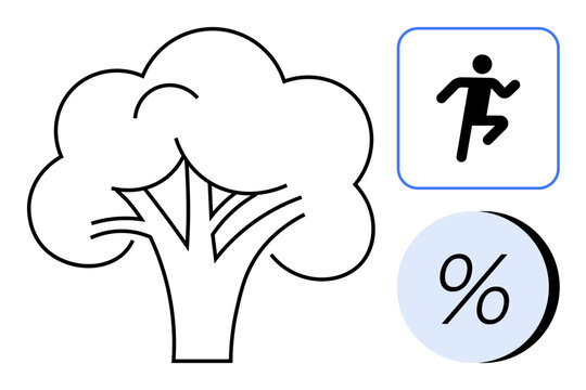 Tree outline, fitness symbol, and percentage icon merge nature, health, and savings. Ideal for environmental initiatives, fitness programs, discount campaigns, sustainable living, wellness