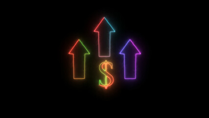 Glowing neon line of dollar sign icon and up arrow isolated on black  background. Money, profit, investment, growth business, economy, finance and success concept.