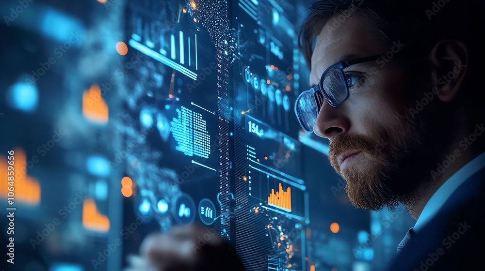 Poster focused professional analyzing data with modern graphs and charts.