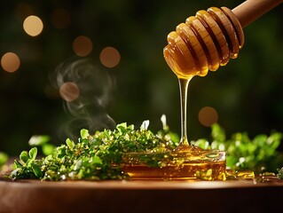 Naklejka premium Native pepper leaf tea served with wild honey, flavorful and rustic, Pepper leaf tea, concept herbal native beverages