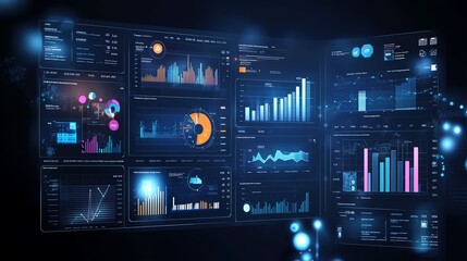 Obraz premium Futuristic data analysis dashboard with visualizations and graphs.