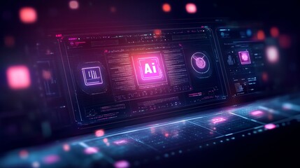 Obraz premium Futuristic interface with glowing icons and data visualization on a dark background.