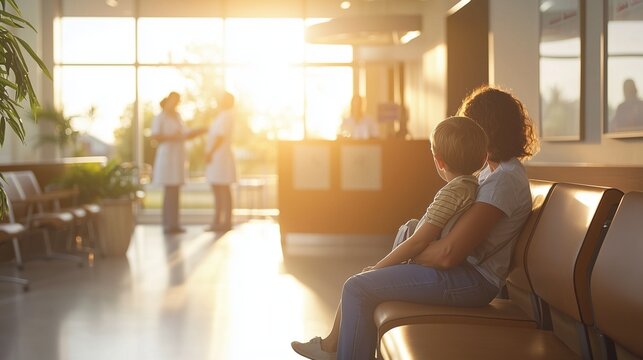 Child sitting in an urgent care waiting room, conveying patience and concern.