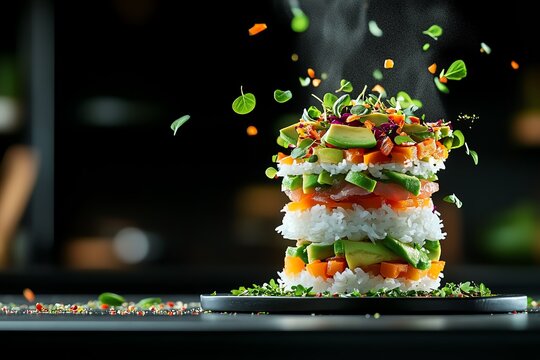 Peruvian causa limena potato layers with tuna and avocado, presented in a minimalist modern kitchen setting