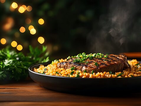 Peruvian tacu tacu rice and bean cake with grilled steak, rustic coastal restaurant vibe