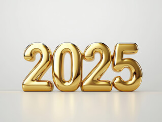 Gold-colored number 2025 shaped balloons on white background