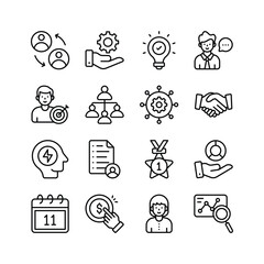 This vibrant icon set illustrates various aspects of business management,
