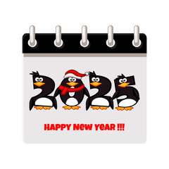 Calendar page of 2025-Happy New Year with penguin numbers. Calendar Date. Cartoon illustration