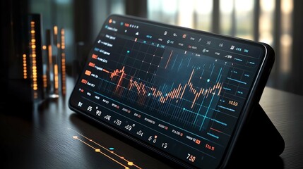 Smartphone displaying finance chart on wooden desk, modern workspace