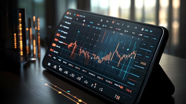 Smartphone displaying finance chart on wooden desk, modern workspace