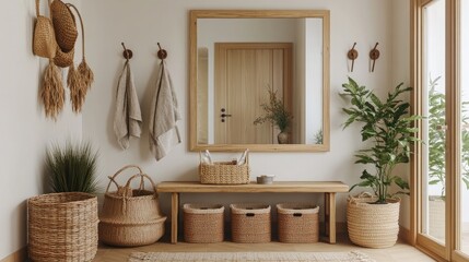 A serene Japandi-inspired entryway with a wooden bench