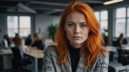Obraz premium Close up cinematic portrait of orange haired woman in office, corporate businesswoman