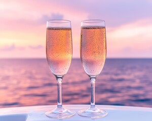 Bubbly champagne glasses on a boat at sunset, orange and pink reflections, intimate and luxurious vibe