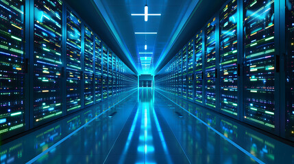 Obraz premium Modern futuristic data center interior with endless racks of servers and LED indicators
