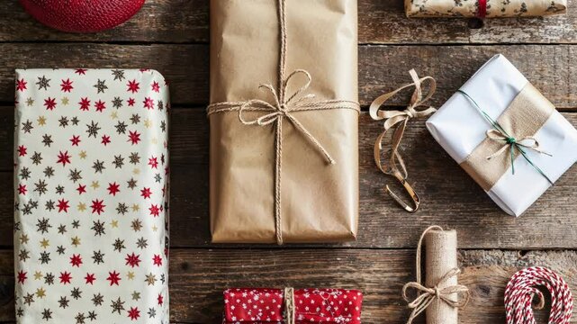Beautifully Wrapped Christmas Gifts on Rustic Wooden Table