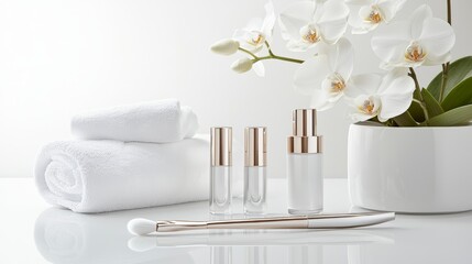 Close-up of luxury skincare tools and white orchid flowers, elegant spa treatment atmosphere