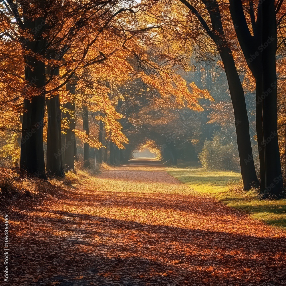 Poster A path through a forest with trees on either side