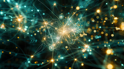 High-tech quantum network scene with three-dimensional luminous nodes and digital grid